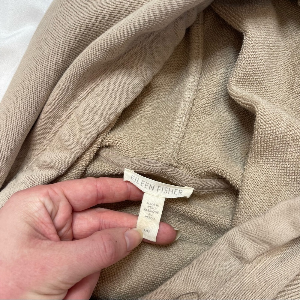 Eileen Fisher Organic Cotton Cropped Khaki Tan Raw Hem Lounge Hoodie Sweatshirt - Picture 8 of 10